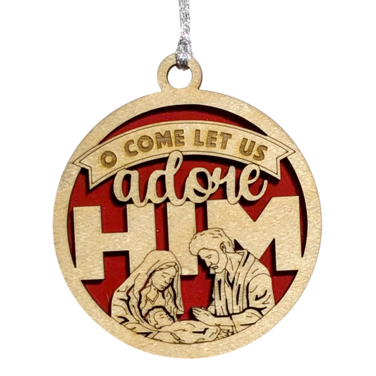 O Come Let Us Adore Him Christmas Ornament - 3" Round Wooden Nativity Scene Decoration, 2 Layer Laser Cut, Handcrafted in USA by Small Business, Holiday Tree Decor