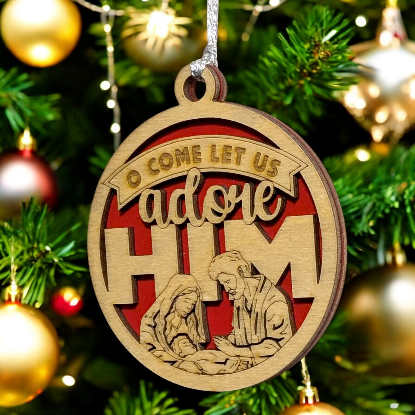O Come Let Us Adore Him Christmas Ornament - 3" Round Wooden Nativity Scene Decoration, 2 Layer Laser Cut, Handcrafted in USA by Small Business, Holiday Tree Decor