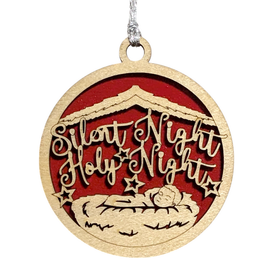 3" Round Wooden Christmas Ornament - 2 Layer Laser Cut Baby Jesus Manger Silent Night Holy Night - Handcrafted USA Small Business Natural Wood Stained