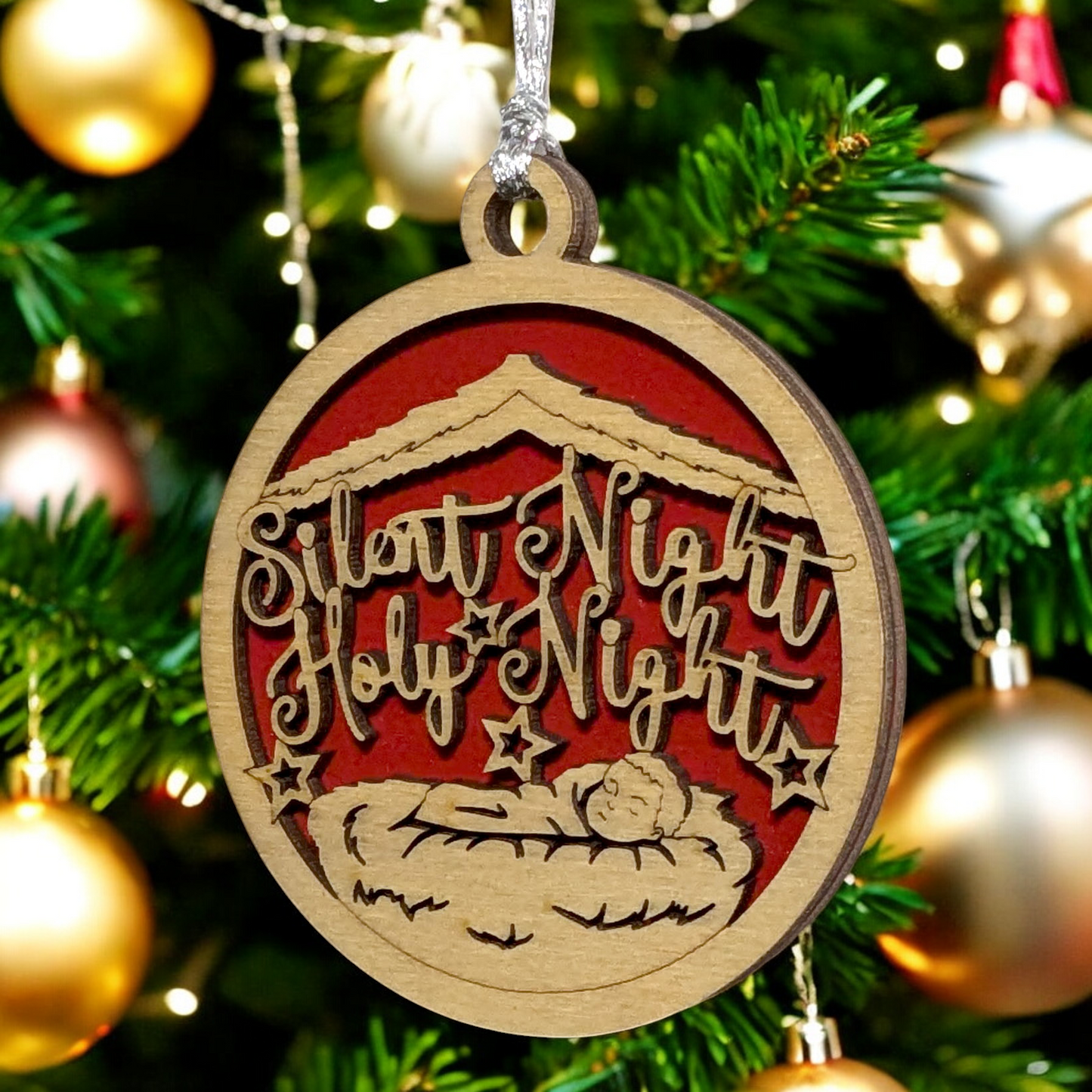 3" Round Wooden Christmas Ornament - 2 Layer Laser Cut Baby Jesus Manger Silent Night Holy Night - Handcrafted USA Small Business Natural Wood Stained