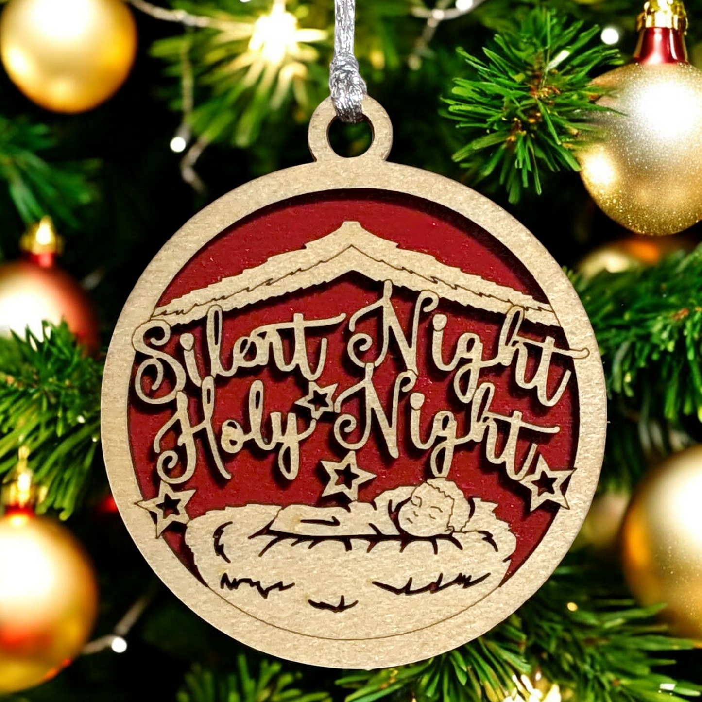 3" Round Wooden Christmas Ornament - 2 Layer Laser Cut Baby Jesus Manger Silent Night Holy Night - Handcrafted USA Small Business Natural Wood Stained