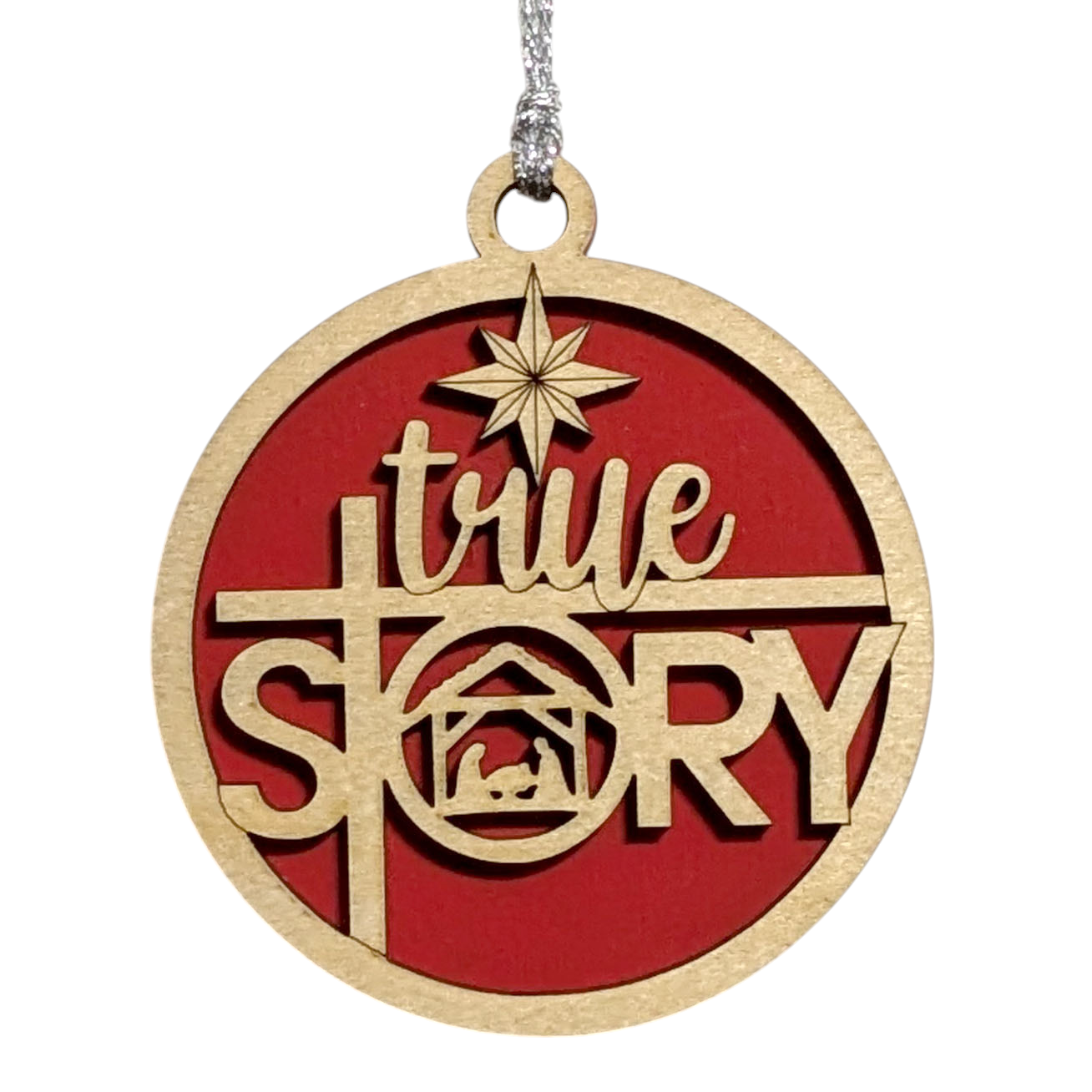 Christmas Ornament - 3" Round Wooden True Story Nativity Scene Laser Cut 2 Layer Natural Wood Handcrafted USA Small Business Holiday Decor Gift