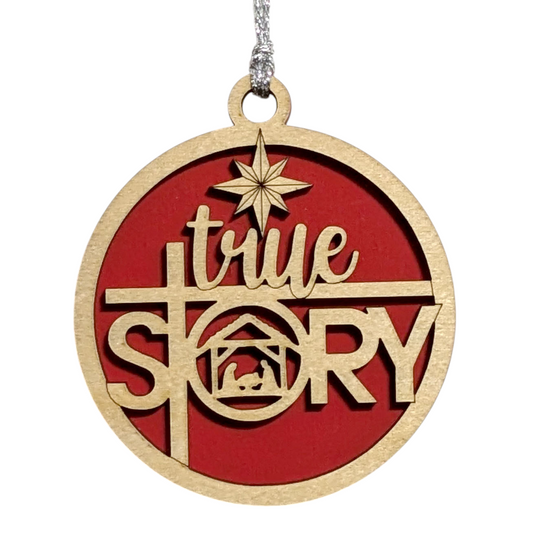 Christmas Ornament - 3" Round Wooden True Story Nativity Scene Laser Cut 2 Layer Natural Wood Handcrafted USA Small Business Holiday Decor Gift