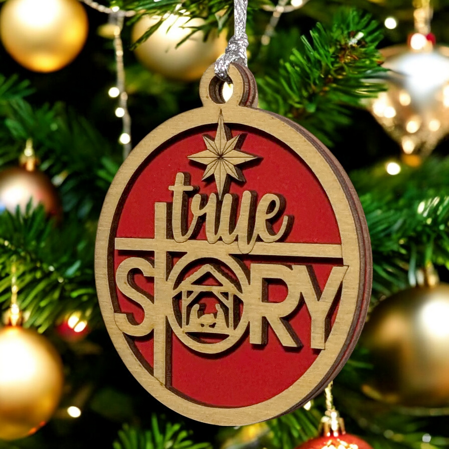 Christmas Ornament - 3" Round Wooden True Story Nativity Scene Laser Cut 2 Layer Natural Wood Handcrafted USA Small Business Holiday Decor Gift