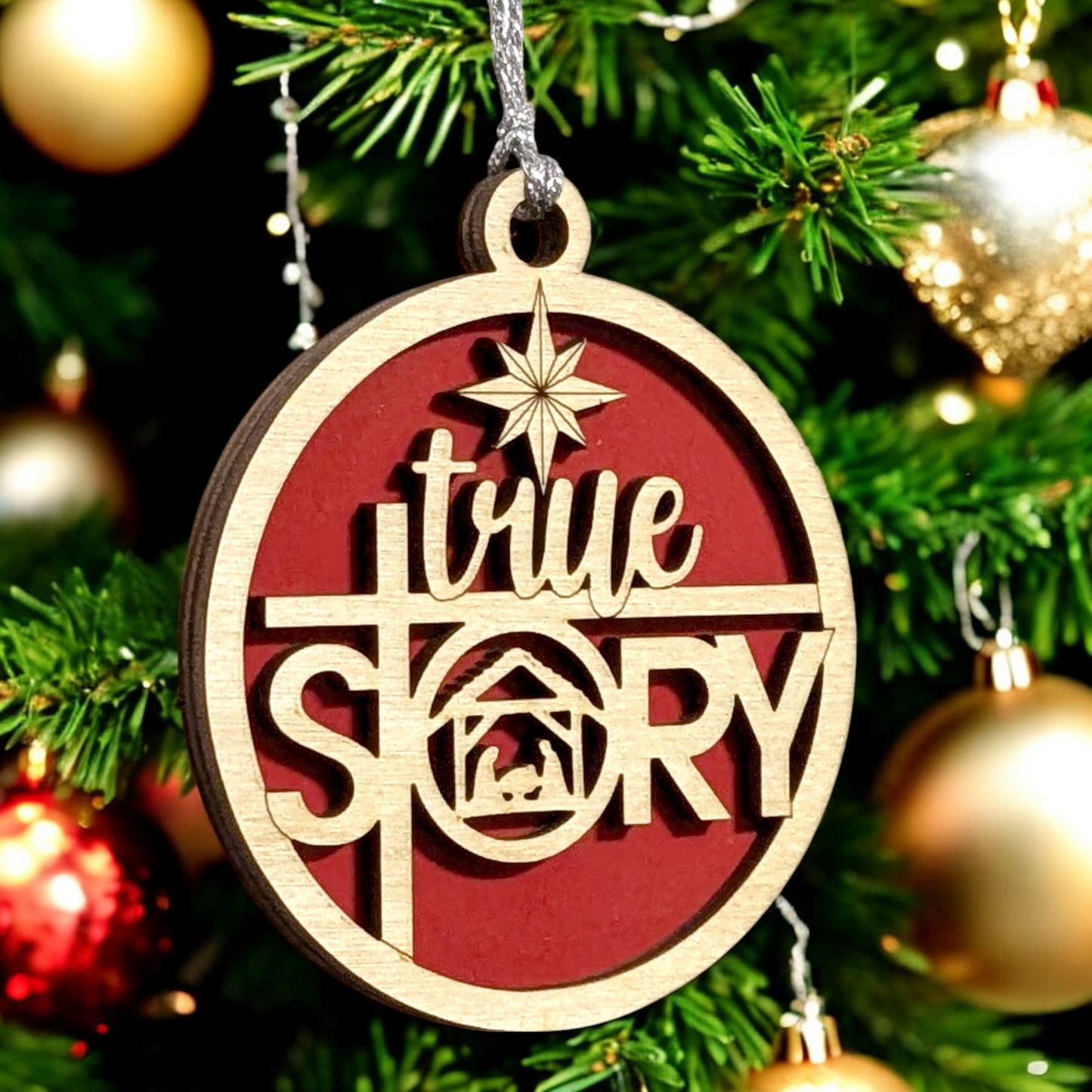 Christmas Ornament - 3" Round Wooden True Story Nativity Scene Laser Cut 2 Layer Natural Wood Handcrafted USA Small Business Holiday Decor Gift