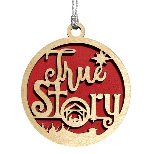 True Story Christmas Ornament - Handcrafted 3" Round Wooden Nativity Scene Decoration with Jesus Mary Joseph & Wise Men - USA Made Holiday Tree Decor Gift