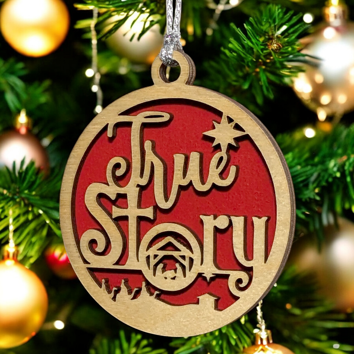 True Story Christmas Ornament - Handcrafted 3" Round Wooden Nativity Scene Decoration with Jesus Mary Joseph & Wise Men - USA Made Holiday Tree Decor Gift