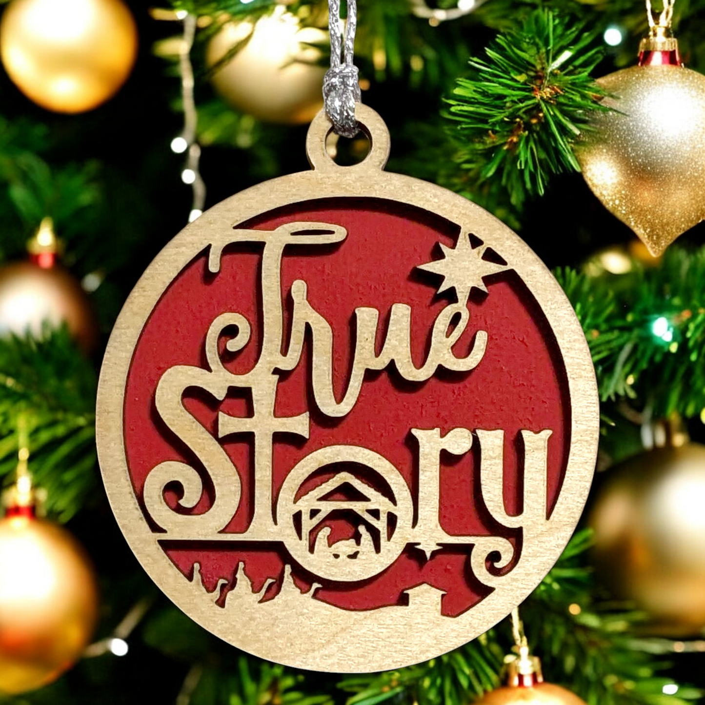 True Story Christmas Ornament - Handcrafted 3" Round Wooden Nativity Scene Decoration with Jesus Mary Joseph & Wise Men - USA Made Holiday Tree Decor Gift