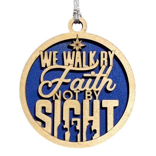 We Walk By Faith Christmas Ornament - 3" Round Laser Cut Wood Decoration, 2 Layer Natural & Stained, Three Wise Men Design, Handcrafted USA Small Business