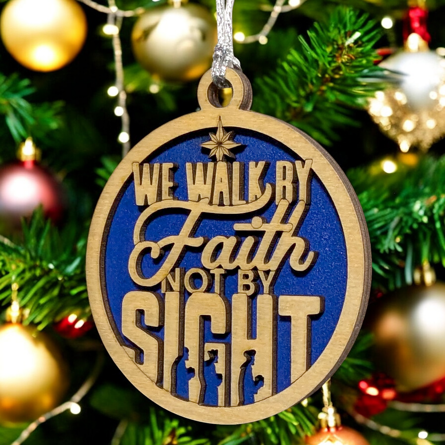 We Walk By Faith Christmas Ornament - 3" Round Laser Cut Wood Decoration, 2 Layer Natural & Stained, Three Wise Men Design, Handcrafted USA Small Business