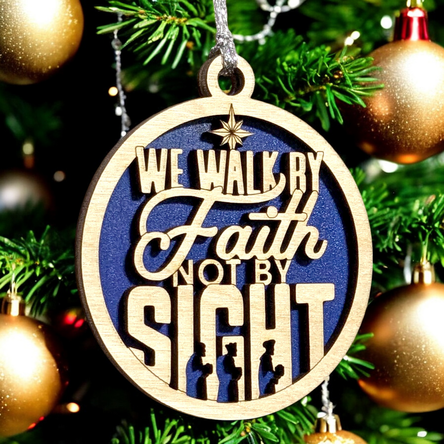 We Walk By Faith Christmas Ornament - 3" Round Laser Cut Wood Decoration, 2 Layer Natural & Stained, Three Wise Men Design, Handcrafted USA Small Business