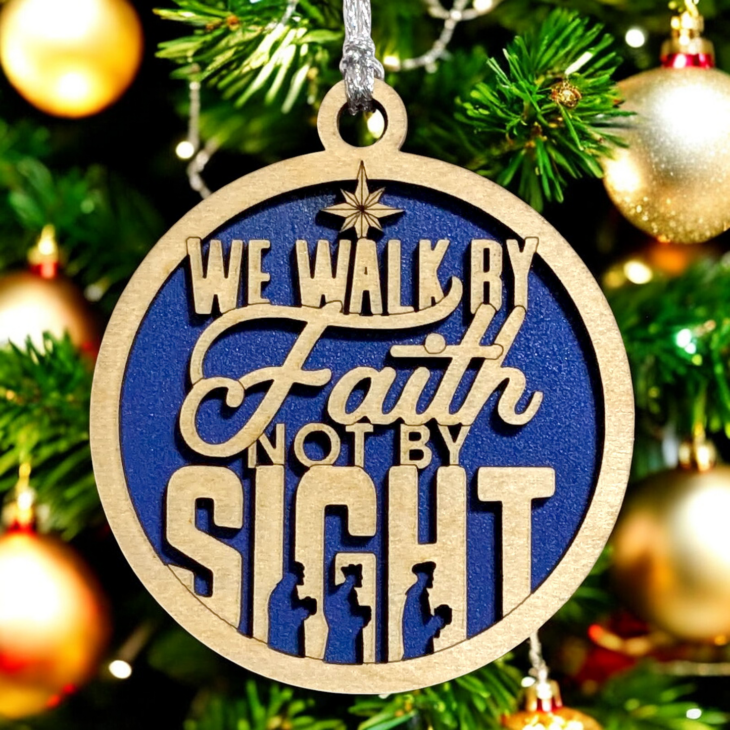 We Walk By Faith Christmas Ornament - 3" Round Laser Cut Wood Decoration, 2 Layer Natural & Stained, Three Wise Men Design, Handcrafted USA Small Business