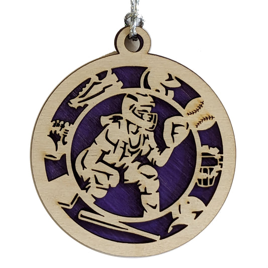 Female baseball/softball catcher laser cut wood ornament