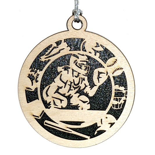 Female baseball/softball catcher laser cut personalized wood ornament