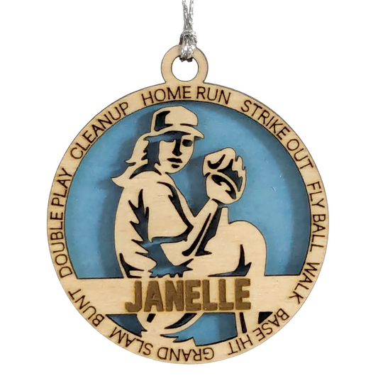 3" Personalized Female Baseball Pitcher Christmas Ornament - Handcrafted Wooden Decor for Sports Enthusiasts