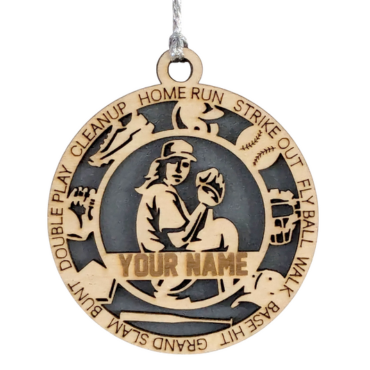 3" Personalized Female Baseball Pitcher Christmas Ornament - Handcrafted Wooden Decor for Sports Enthusiasts