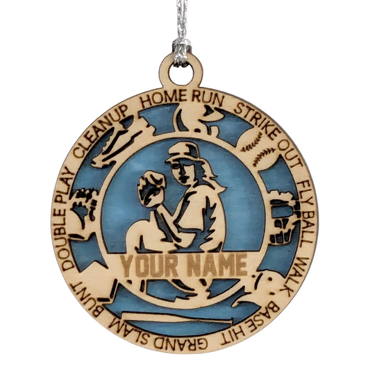 3" Personalized Female Baseball Pitcher Christmas Ornament - Handcrafted Wooden Decor for Sports Enthusiasts