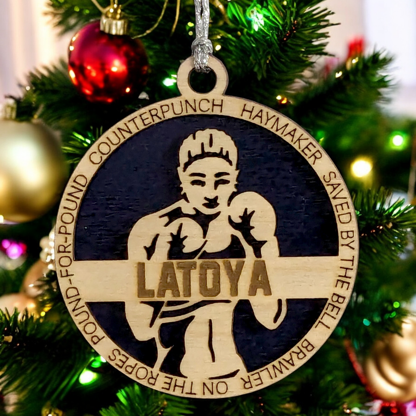 3" Personalized Female Boxing Christmas Ornament - Handcrafted Laser Cut Wood Decoration for Boxing Enthusiasts and Holiday Gift
