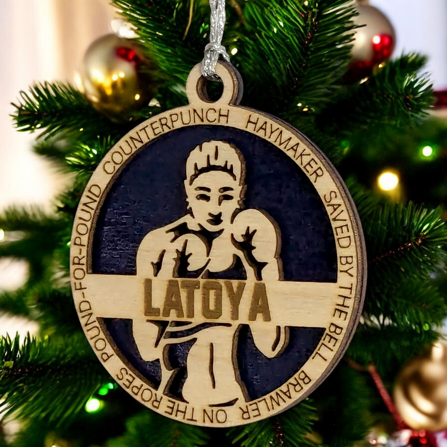 3" Personalized Female Boxing Christmas Ornament - Handcrafted Laser Cut Wood Decoration for Boxing Enthusiasts and Holiday Gift
