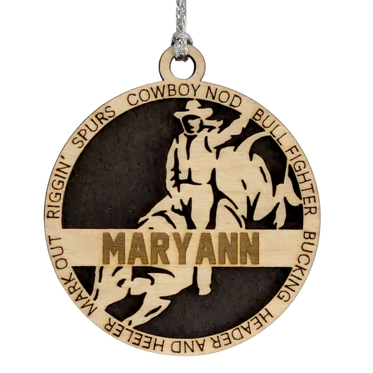 3" Handcrafted Personalized Female Bull Riding Christmas Ornament - Laser Cut Wood Rodeo Holiday Decor for Cowgirl Enthusiasts