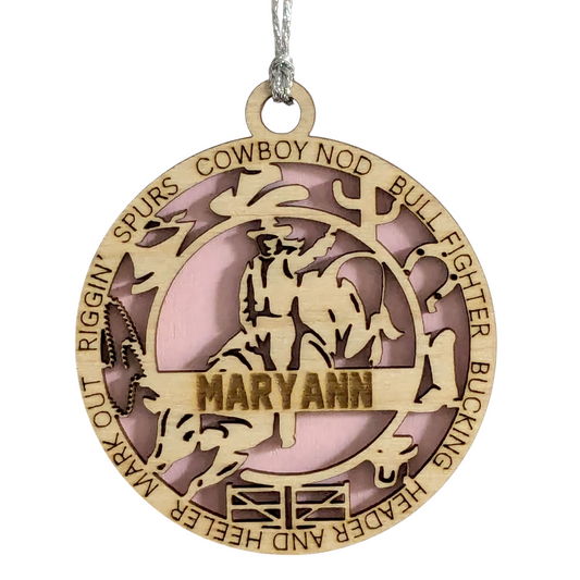 3" Handcrafted Personalized Female Bull Riding Christmas Ornament - Laser Cut Wood Rodeo Holiday Decor for Cowgirl Enthusiasts