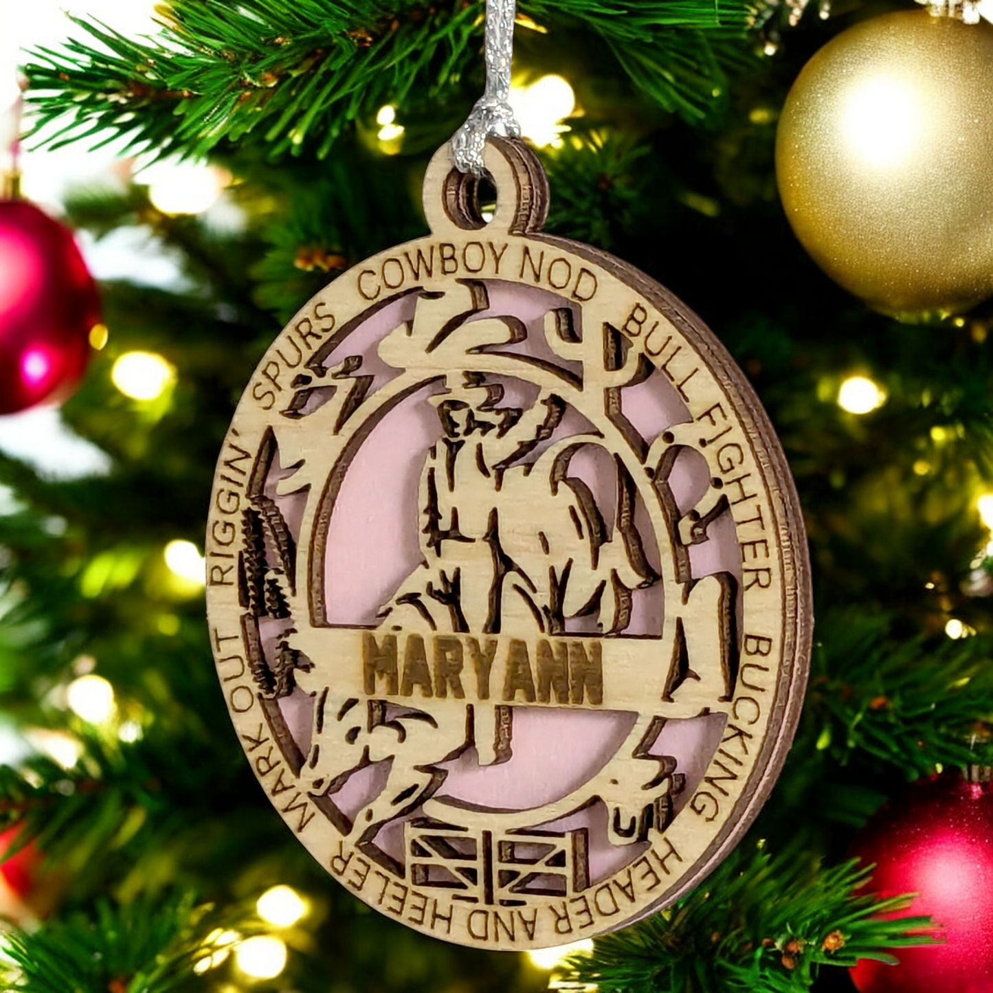 3" Handcrafted Personalized Female Bull Riding Christmas Ornament - Laser Cut Wood Rodeo Holiday Decor for Cowgirl Enthusiasts