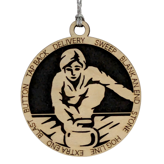 Add a Personal Touch to Your Holiday Decor with Our 3" Laser Cut Handcrafted Wooden Female Curling Christmas Ornament - Customize for a Unique Festive Gift!"