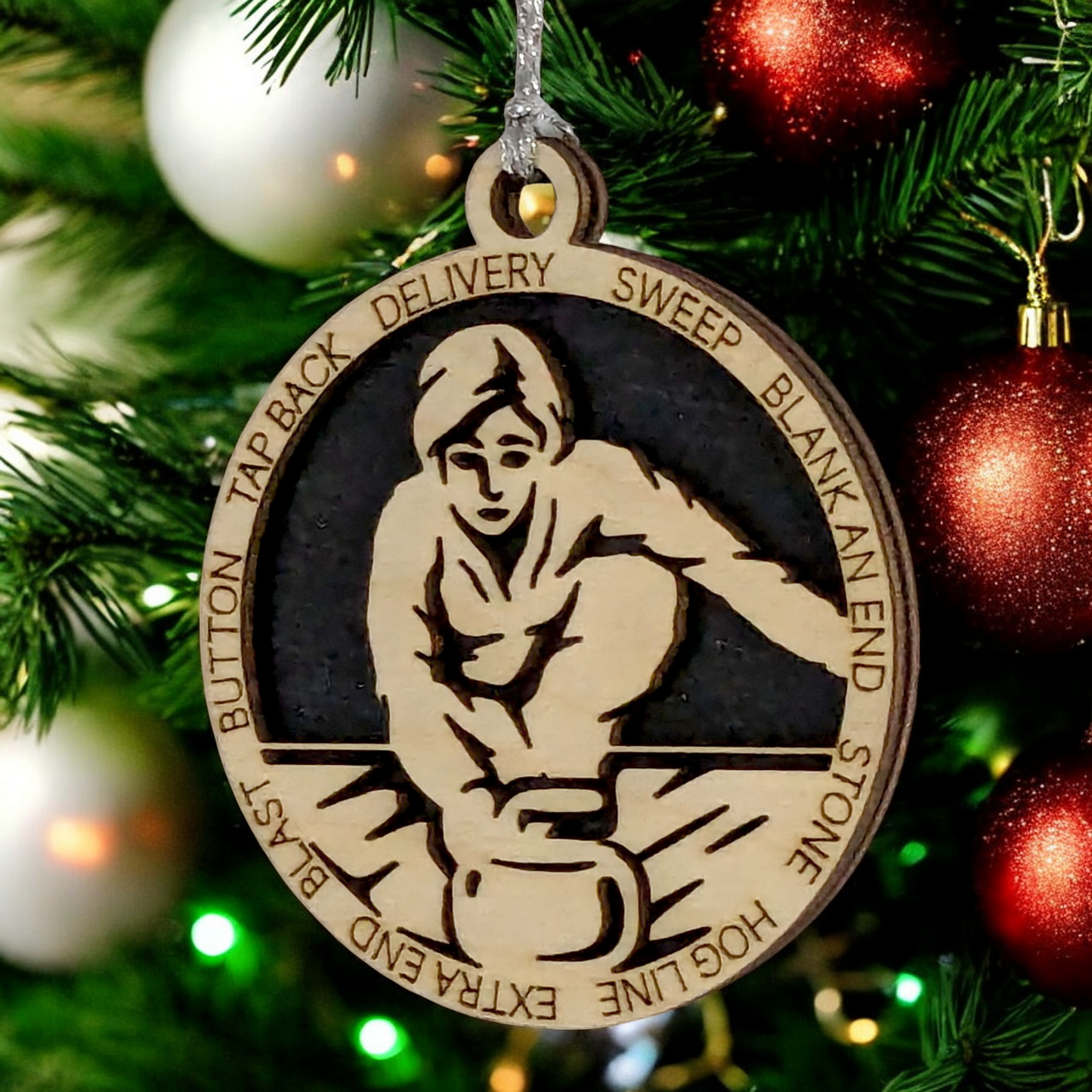 Add a Personal Touch to Your Holiday Decor with Our 3" Laser Cut Handcrafted Wooden Female Curling Christmas Ornament - Customize for a Unique Festive Gift!"