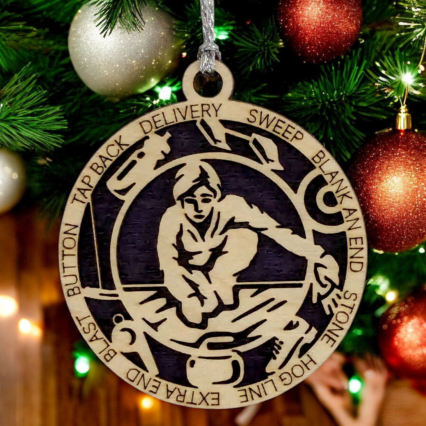 Add a Personal Touch to Your Holiday Decor with Our 3" Laser Cut Handcrafted Wooden Female Curling Christmas Ornament - Customize for a Unique Festive Gift!"