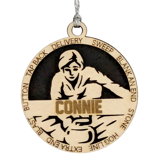 Add a Personal Touch to Your Holiday Decor with Our 3" Laser Cut Handcrafted Wooden Female Curling Christmas Ornament - Customize for a Unique Festive Gift!"