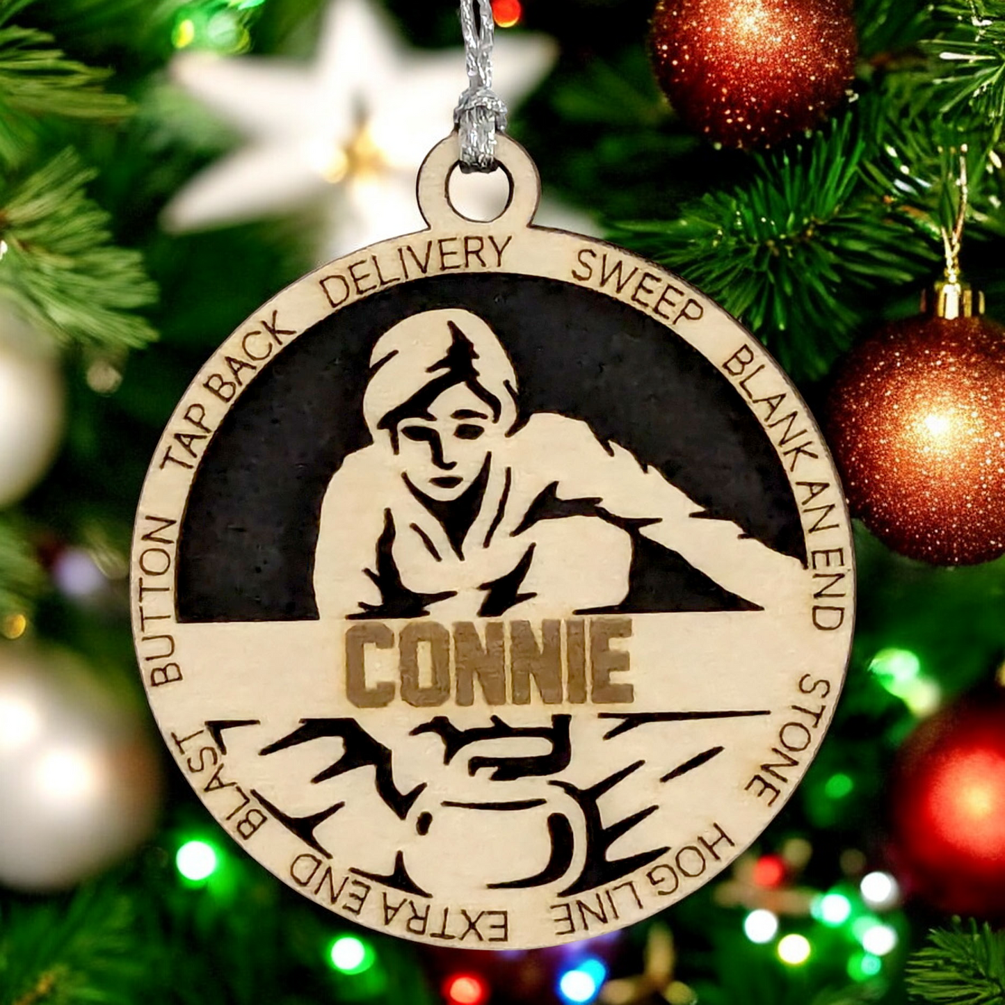 Add a Personal Touch to Your Holiday Decor with Our 3" Laser Cut Handcrafted Wooden Female Curling Christmas Ornament - Customize for a Unique Festive Gift!"