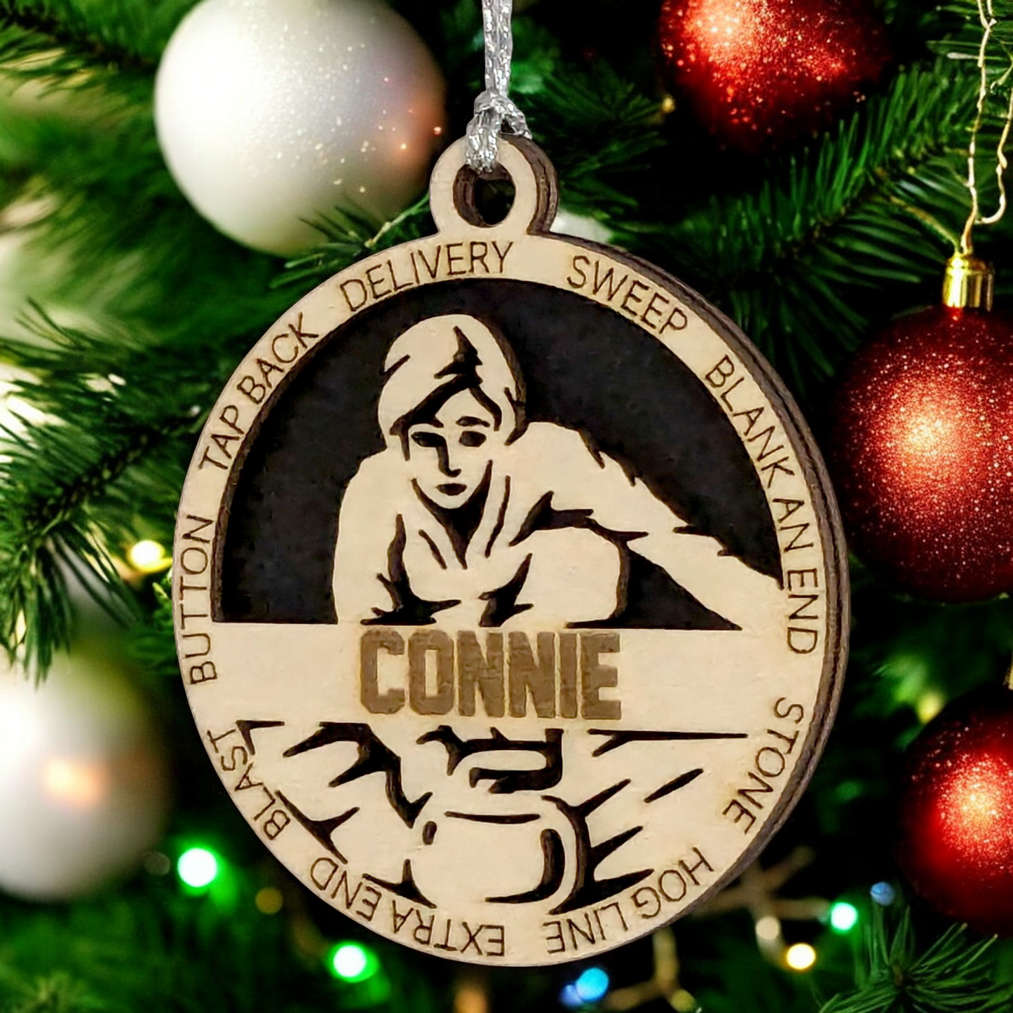 Add a Personal Touch to Your Holiday Decor with Our 3" Laser Cut Handcrafted Wooden Female Curling Christmas Ornament - Customize for a Unique Festive Gift!"