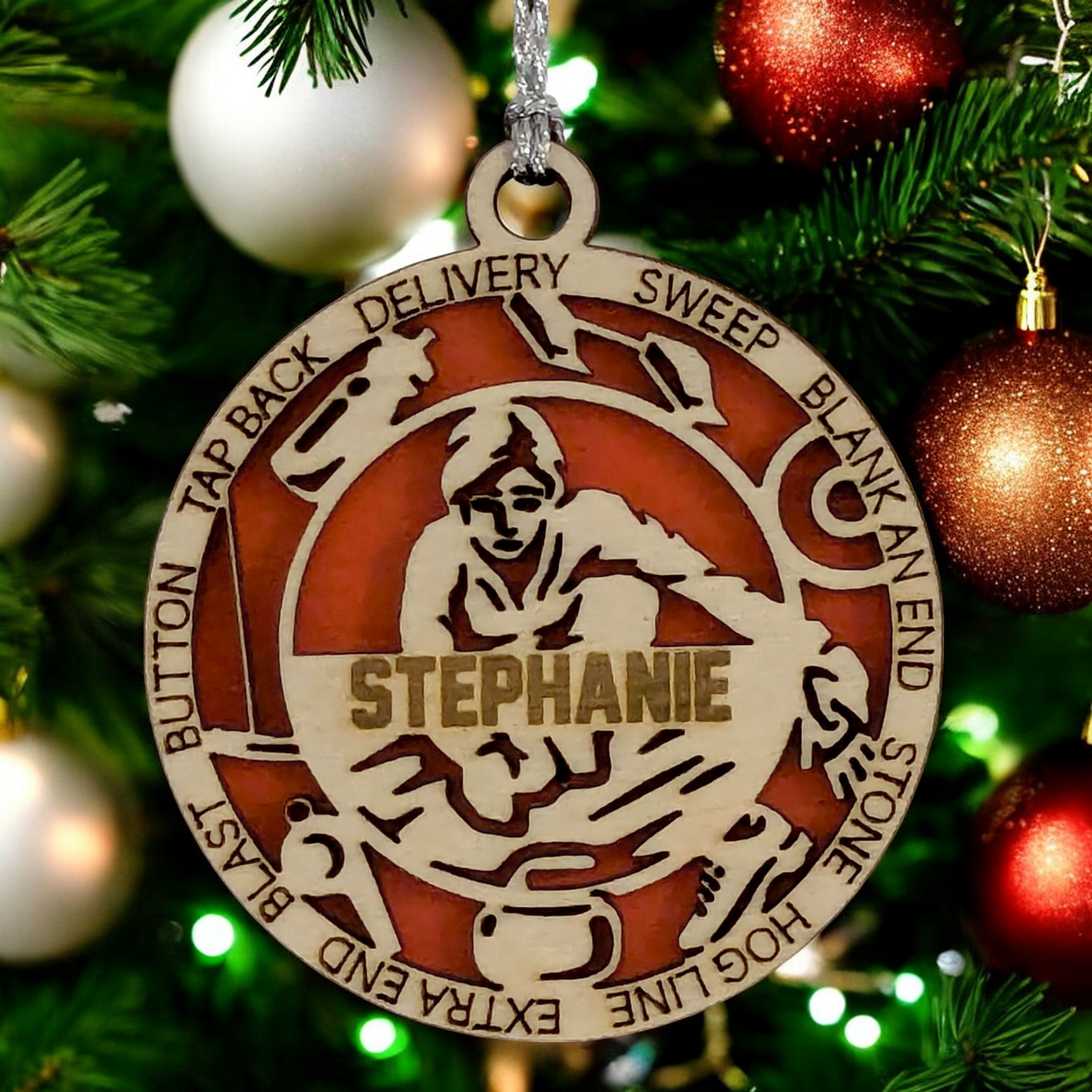 Add a Personal Touch to Your Holiday Decor with Our 3" Laser Cut Handcrafted Wooden Female Curling Christmas Ornament - Customize for a Unique Festive Gift!"