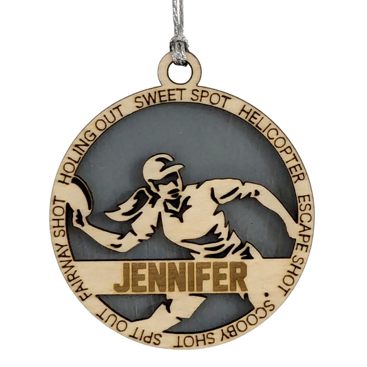 3" Handcrafted Wooden Personalized Female Right-Handed Disc Golf Christmas Ornament - Custom Disc Golf Holiday Decoration