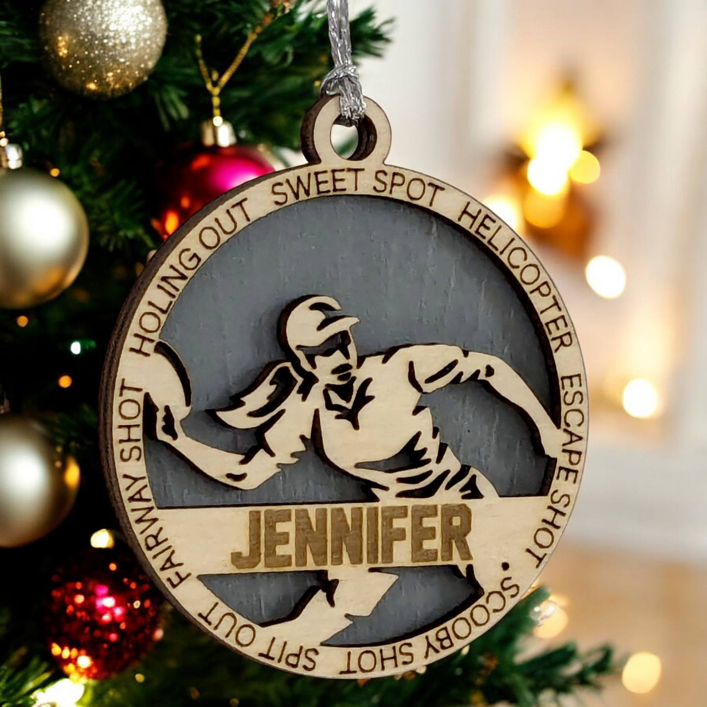 3" Handcrafted Wooden Personalized Female Right-Handed Disc Golf Christmas Ornament - Custom Disc Golf Holiday Decoration