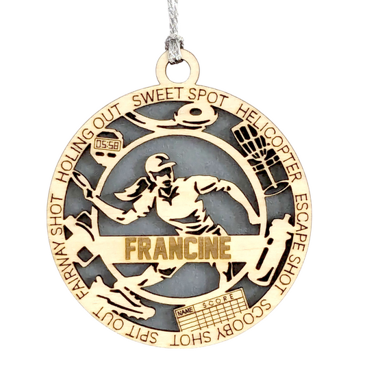 3" Handcrafted Wooden Personalized Female Right-Handed Disc Golf Christmas Ornament - Custom Disc Golf Holiday Decoration