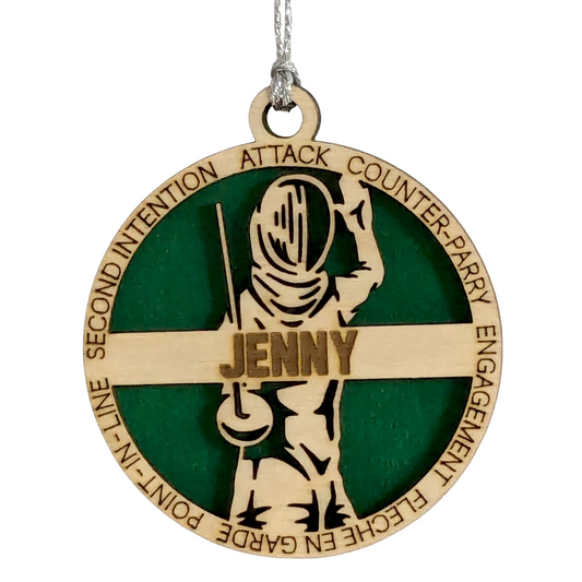 3" Laser Cut Handcrafted Wooden Personalized Female Fencing Christmas Ornament - Customizable Holiday Decor for Female Fencers - Unique Fencing Sport Gift and Keepsake for Women Athletes