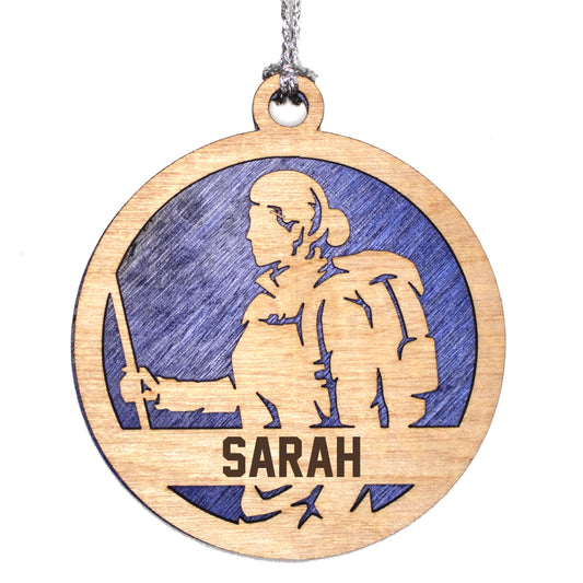 Female Hiking laser cut personalized wood ornament