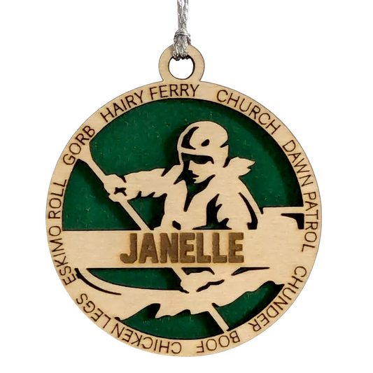 3" Personalized Female Kayaking Christmas Ornament - Handcrafted Laser Cut Wooden Keepsake for Kayak Enthusiasts - Customizable Holiday Decoration - Unique and Thoughtful Gift Idea for Women Paddlers
