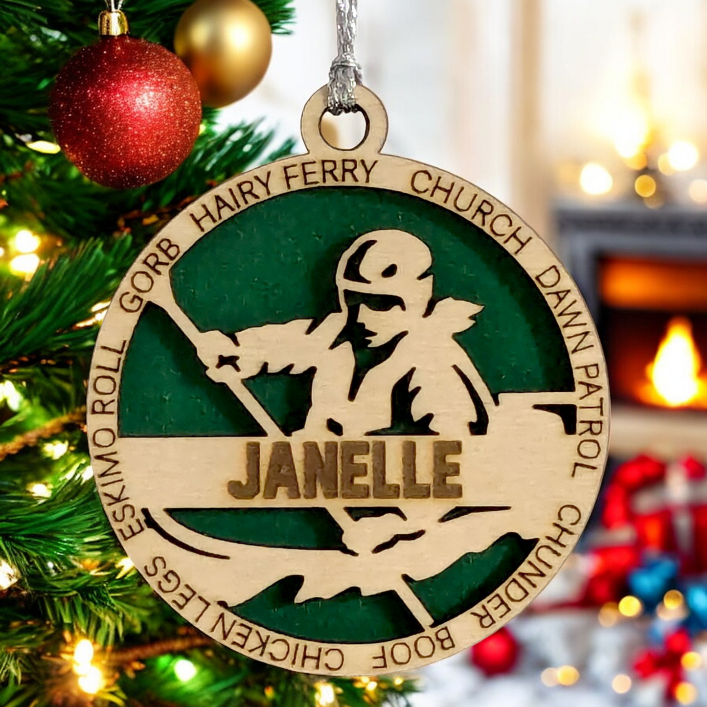 3" Personalized Female Kayaking Christmas Ornament - Handcrafted Laser Cut Wooden Keepsake for Kayak Enthusiasts - Customizable Holiday Decoration - Unique and Thoughtful Gift Idea for Women Paddlers