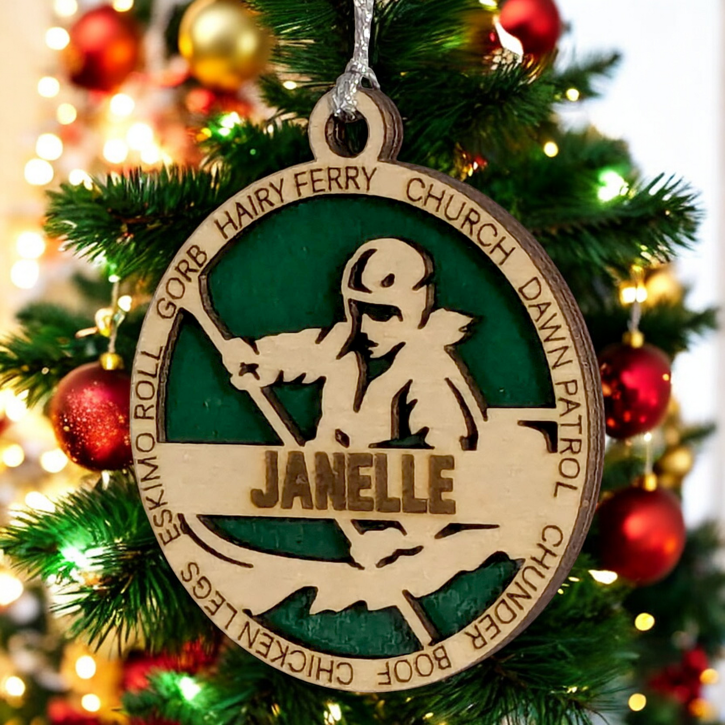 3" Personalized Female Kayaking Christmas Ornament - Handcrafted Laser Cut Wooden Keepsake for Kayak Enthusiasts - Customizable Holiday Decoration - Unique and Thoughtful Gift Idea for Women Paddlers