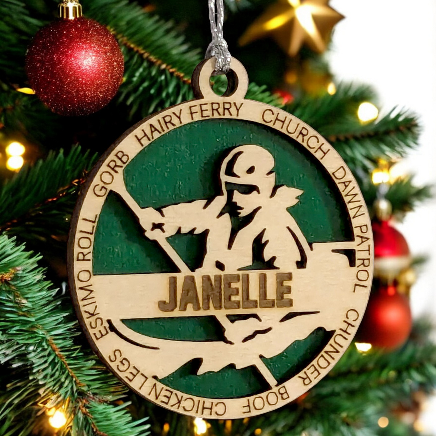 3" Personalized Female Kayaking Christmas Ornament - Handcrafted Laser Cut Wooden Keepsake for Kayak Enthusiasts - Customizable Holiday Decoration - Unique and Thoughtful Gift Idea for Women Paddlers