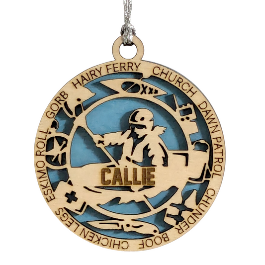 3" Personalized Female Kayaking Christmas Ornament - Handcrafted Laser Cut Wooden Keepsake for Kayak Enthusiasts - Customizable Holiday Decoration - Unique and Thoughtful Gift Idea for Women Paddlers