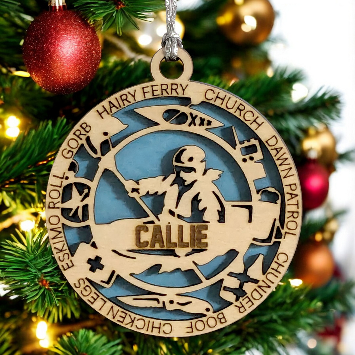 3" Personalized Female Kayaking Christmas Ornament - Handcrafted Laser Cut Wooden Keepsake for Kayak Enthusiasts - Customizable Holiday Decoration - Unique and Thoughtful Gift Idea for Women Paddlers