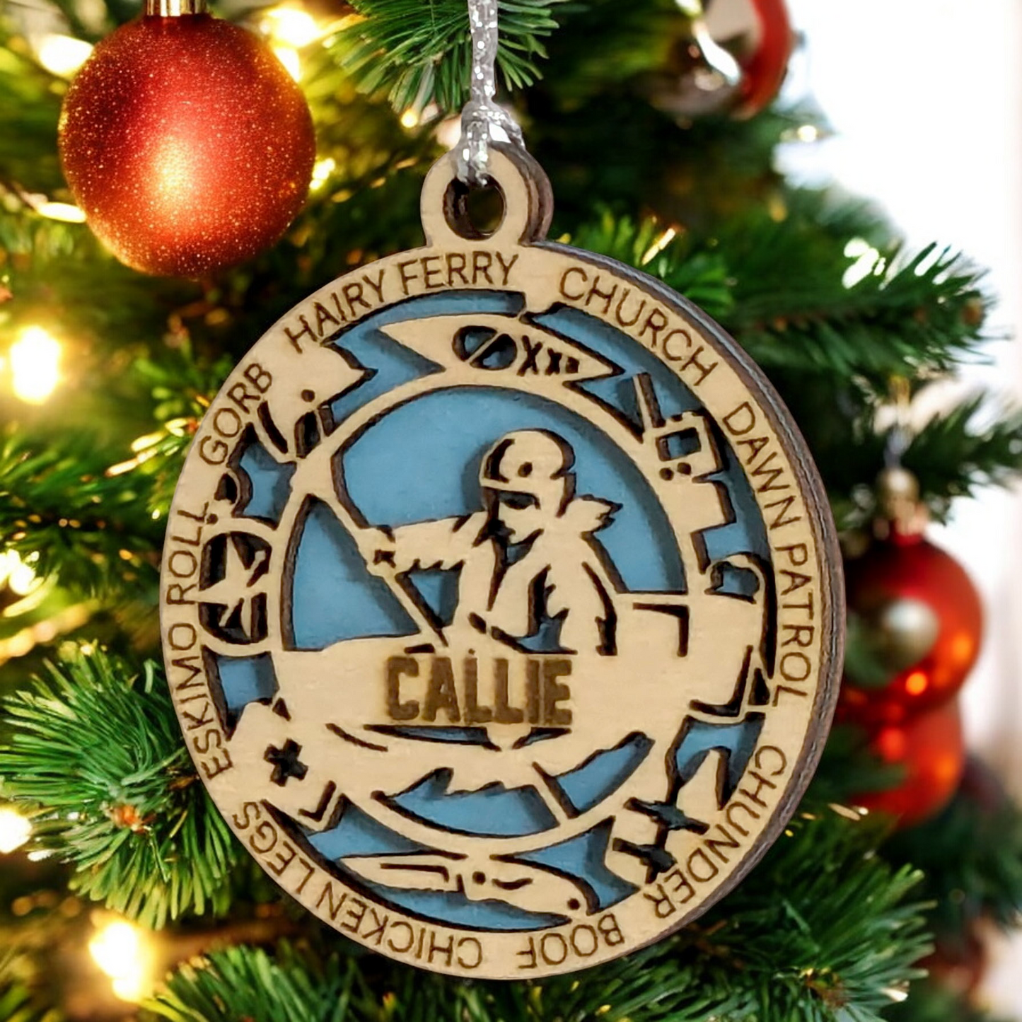 3" Personalized Female Kayaking Christmas Ornament - Handcrafted Laser Cut Wooden Keepsake for Kayak Enthusiasts - Customizable Holiday Decoration - Unique and Thoughtful Gift Idea for Women Paddlers