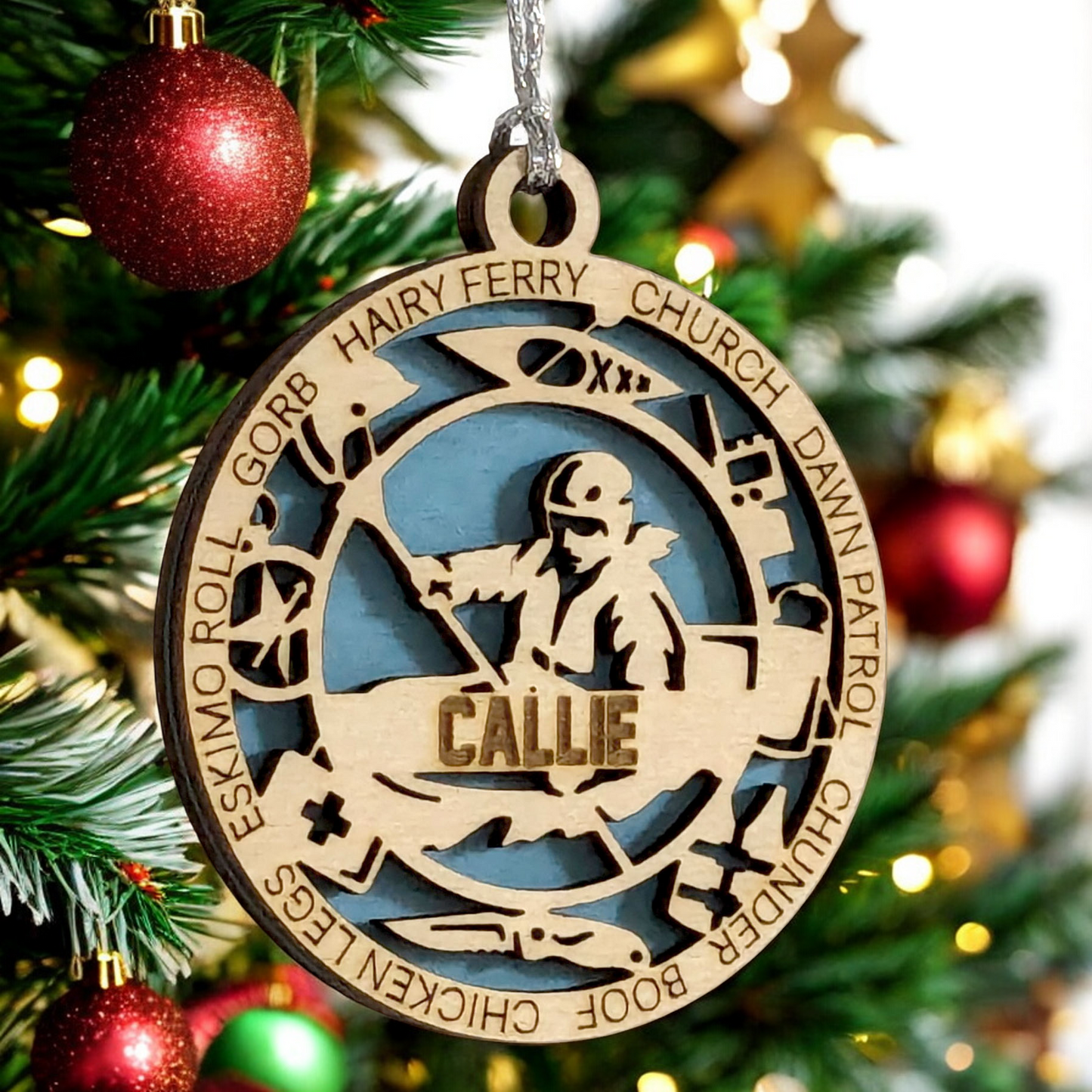 3" Personalized Female Kayaking Christmas Ornament - Handcrafted Laser Cut Wooden Keepsake for Kayak Enthusiasts - Customizable Holiday Decoration - Unique and Thoughtful Gift Idea for Women Paddlers