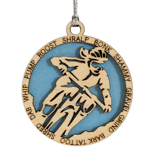 3" Handcrafted Wooden Personalized Female Mountain Biking Christmas Ornament - Custom Outdoor Sports Holiday Decor