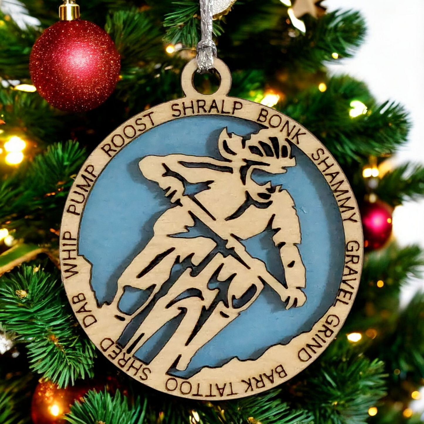 3" Handcrafted Wooden Personalized Female Mountain Biking Christmas Ornament - Custom Outdoor Sports Holiday Decor