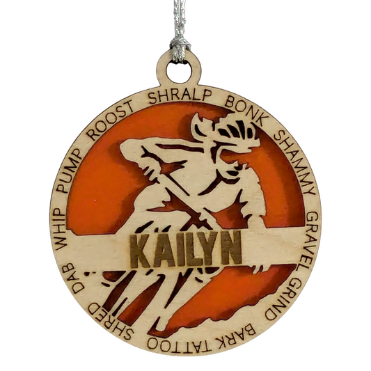3" Handcrafted Wooden Personalized Female Mountain Biking Christmas Ornament - Custom Outdoor Sports Holiday Decor