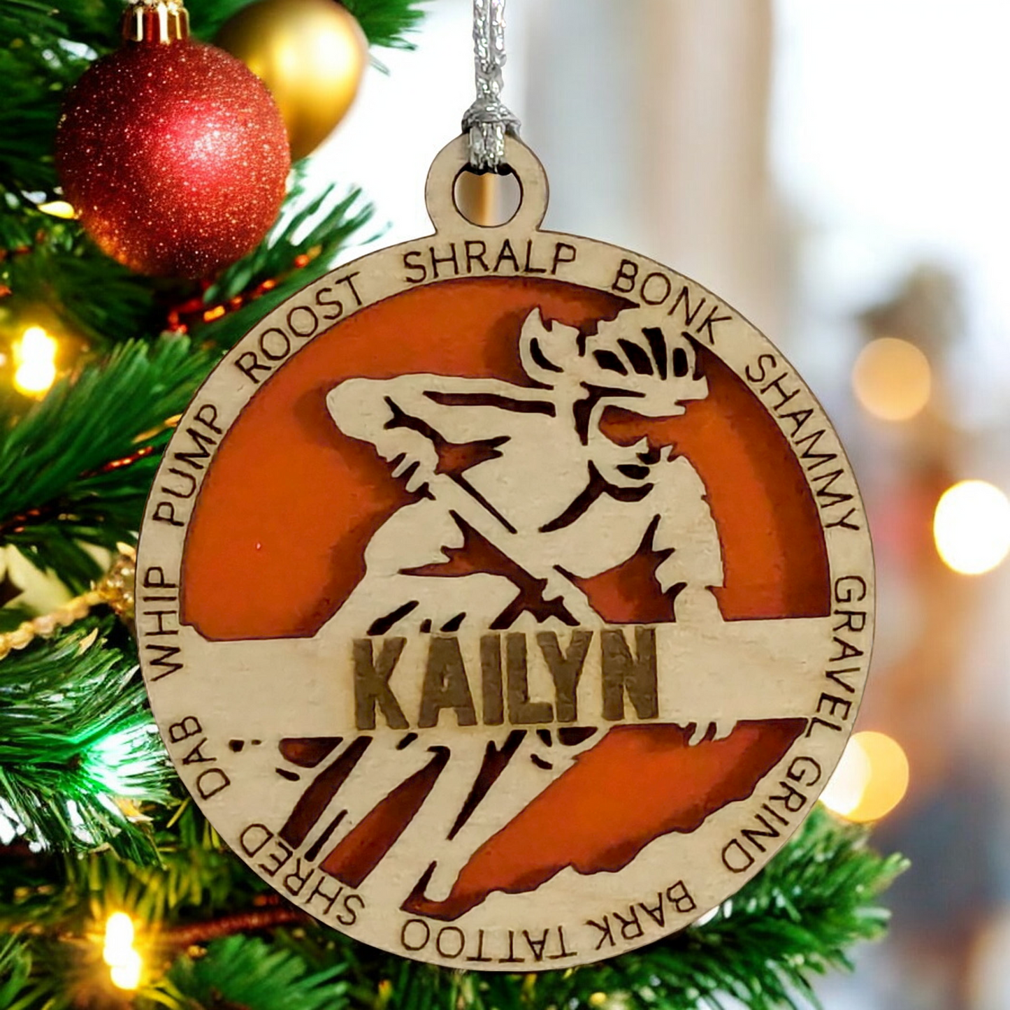 3" Handcrafted Wooden Personalized Female Mountain Biking Christmas Ornament - Custom Outdoor Sports Holiday Decor